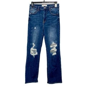 RISEN Distressed Dark Blue Denim Straight Leg High Rise Jeans Style RDP5027